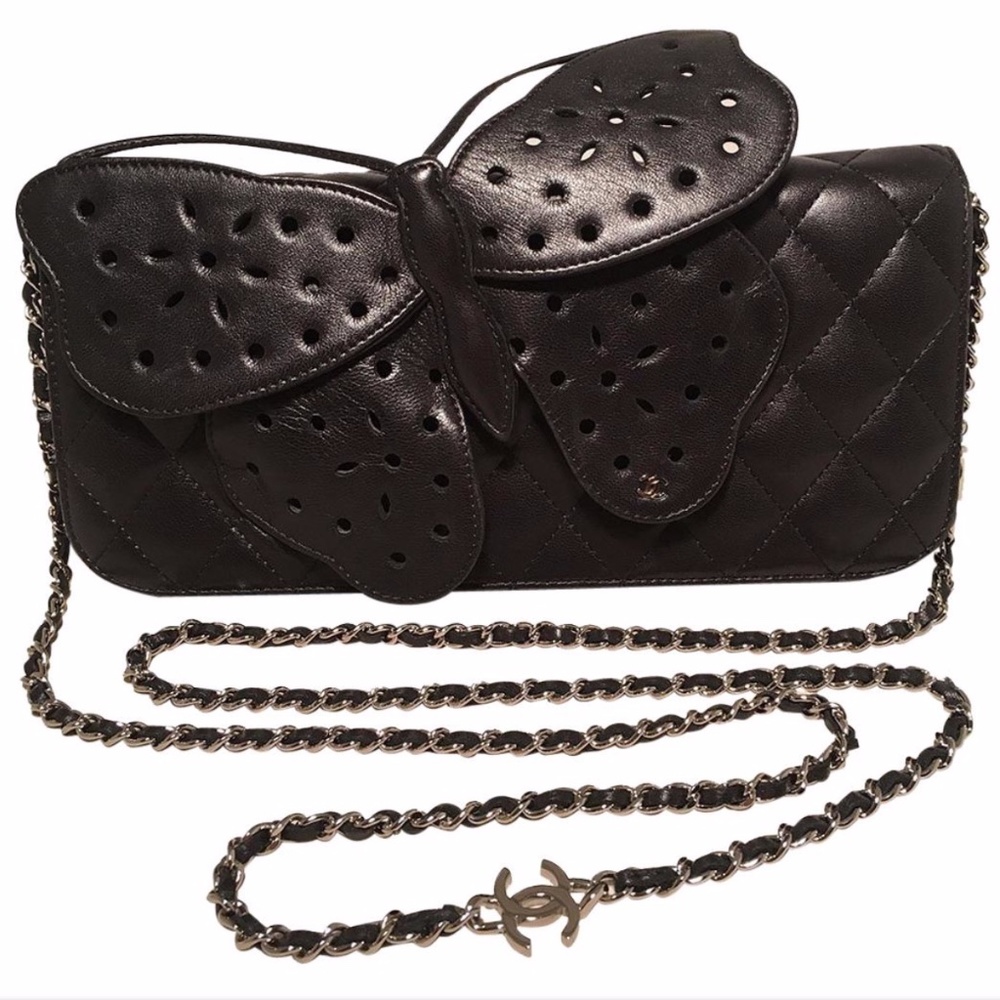 Chanel Quilted Black Leather Butterfly Classic Bag
